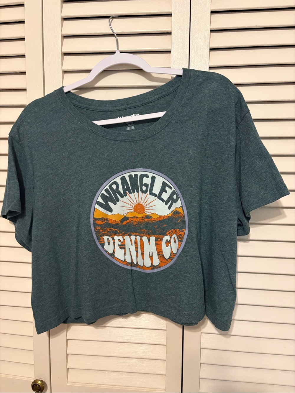Wrangler Teal Graphic Crop Tee with Sunrise Emblem